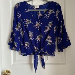 Deep Blue Button Up Blouse Ties in Front Size Medium
